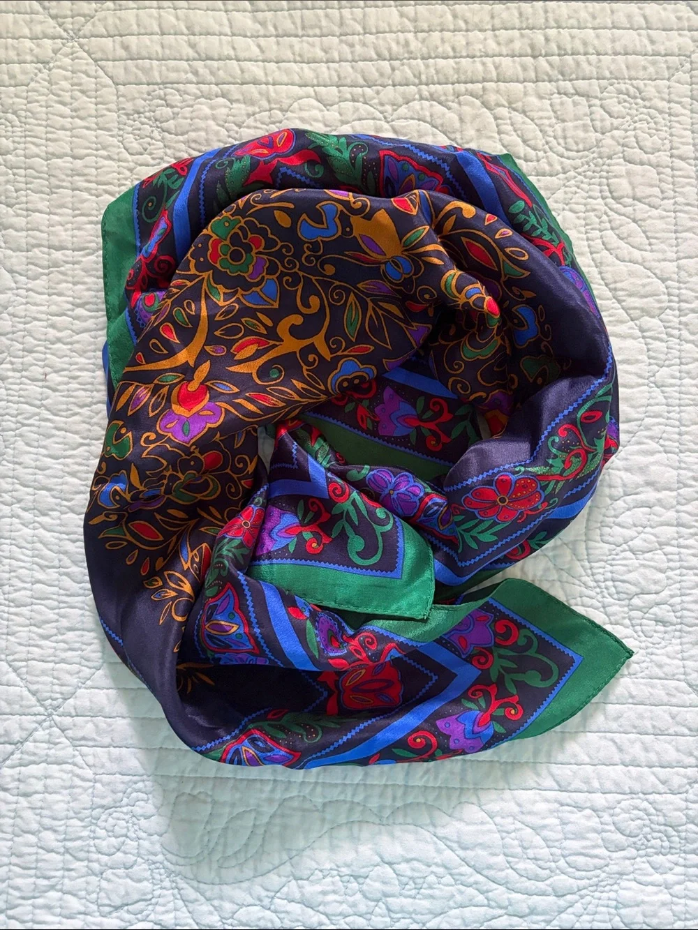 bill blass Multicolor Floral Silk Scarf with Green Border